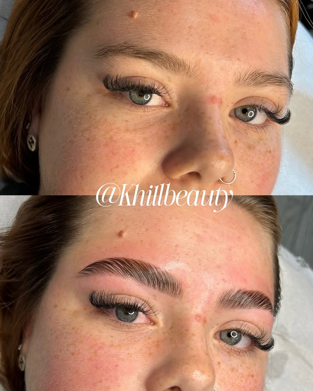 Before and after brow lamination with lifted, defined brows